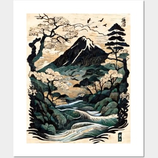Traditional Japanese Mountain River Nature Scene Posters and Art
